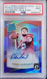 PATRICK MAHOMES 2017 CONTENDERS PREVIEW OPTIC RC AUTO RED BLUE PRIZM #/23 PSA 9 CHIEFS MINT SUPER RARE SP